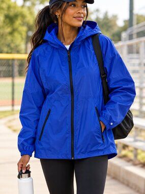 Blue Rain Jacket with Water-Resistant Finish and Full-Length Zipper